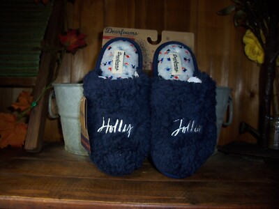 DEARFOAMS LADIES MEMORY FOAM HOLLY JOLLY SLIPPERS SHOES SIZE SM 5-6 BLUE FUR NEW