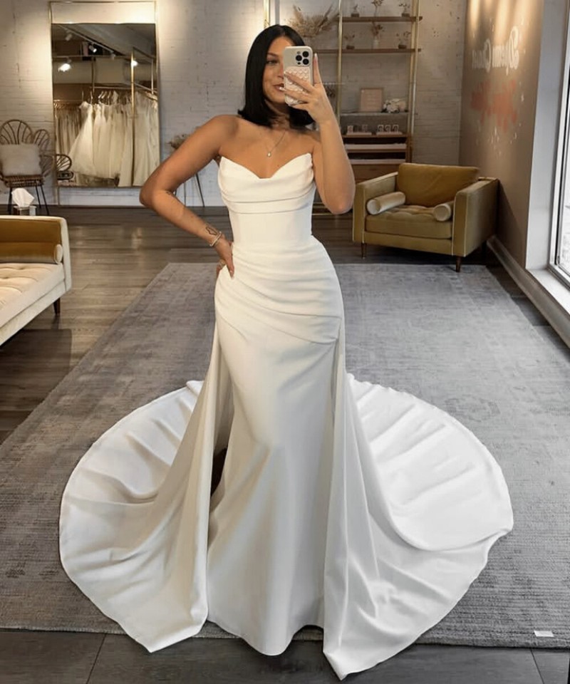 Strapless Mermaid Wedding Dress Modern Court Train Bow Vestido De Novia Mermaid Satin Bridal Gown Princess