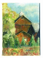 NEW YORK STATE FINGER LAKES NY FARM Barn & Poppies. OIL PAINTING. Listed Artist.