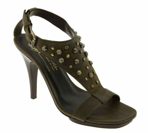 DONALD PLINER ITALY Nekita Studded SANDALS Heels 6 ALL LEATHER Made Olive Green - Picture 1 of 4