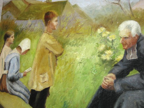 ANTIQUE BOY GIRL SCHOOL CHILDREN FOLK ART OIL PAINTING ON BOARD TEACHER BENCH US - Picture 4 of 7