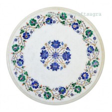 15" White Marble Table Top semi precious stones inlay Handmade Home Decor