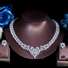 Sparkly Leaf Necklace Earrings Wedding Set Women Silver Plated CZ Zircon Jewelry