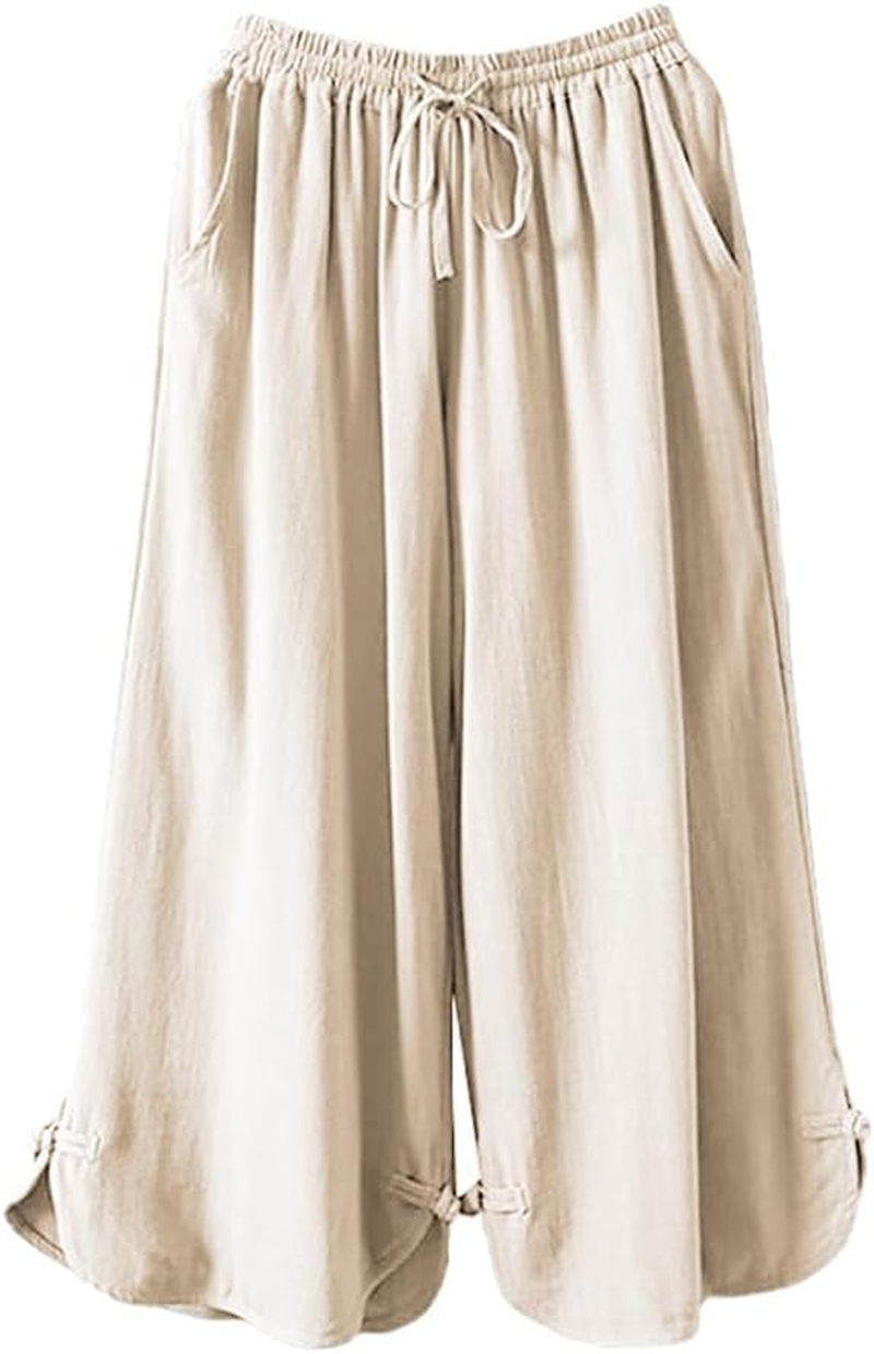Linen Wide Leg Pants with Drawstring Waist and Frog Button for Women