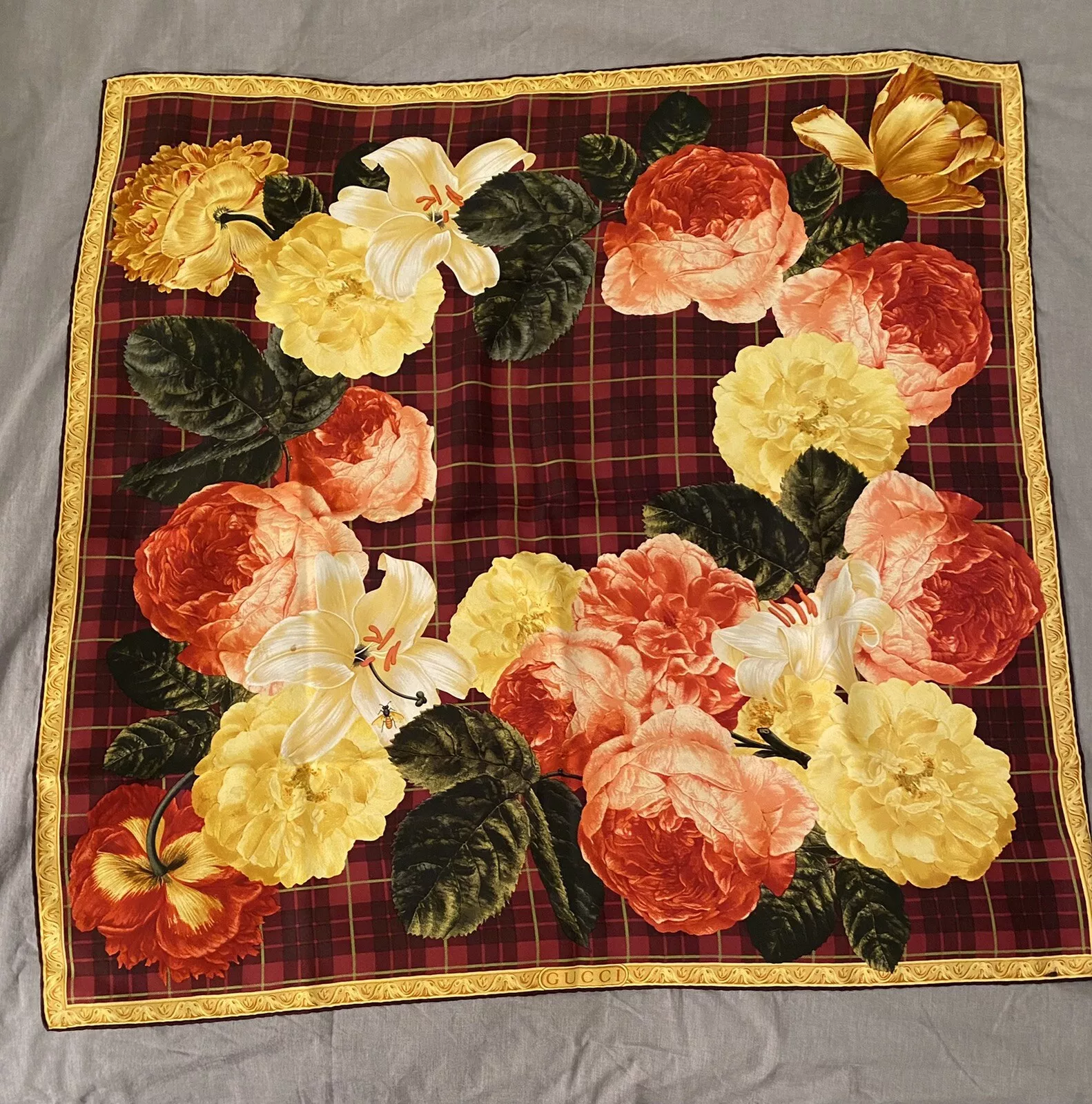 GUCCI Vintage DESIGNER SILK SCARF MADE IN ITALY Burgundy & yellow fl