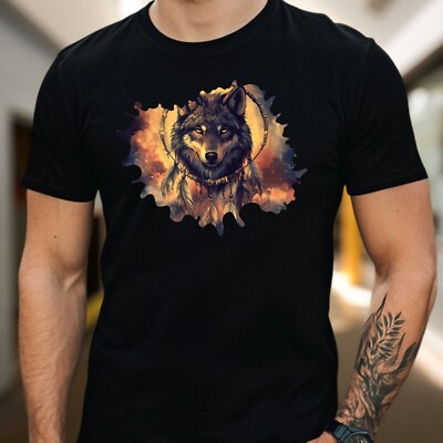 Mens Dreamcatcher Wolf Print Cotton T-Shirt Size XS to 5XL