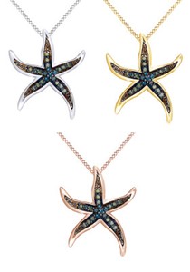 Authentic 1/10 Ct Blue & Green Diamond 14K Gold Plated Starfish Pendant Necklace $863.92