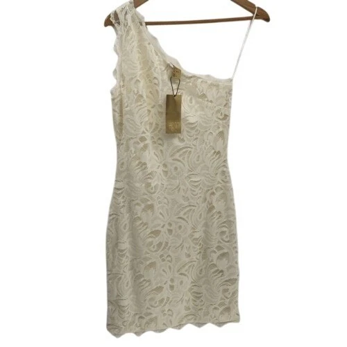 OFF WHITE Abito H&M pizzo monospalla donna taglia 6 small bianco sporco elasticizzato corto nuovo
