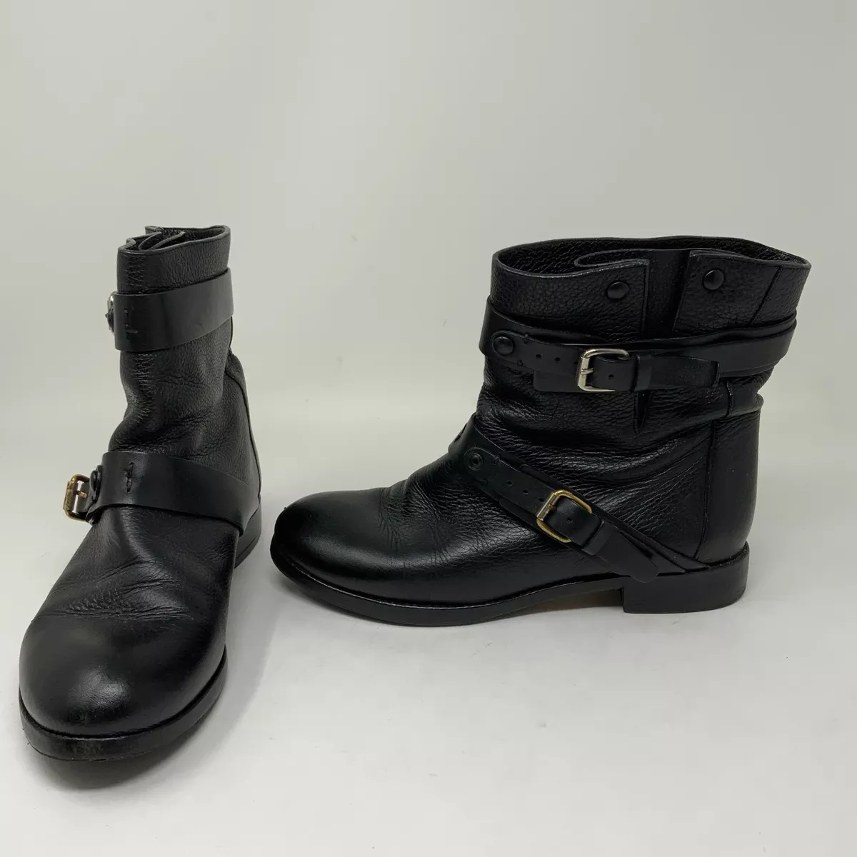 Chloe Double Buckle Strap Grain Leather Short Calf Moto Booties Boots Shoes 7.5