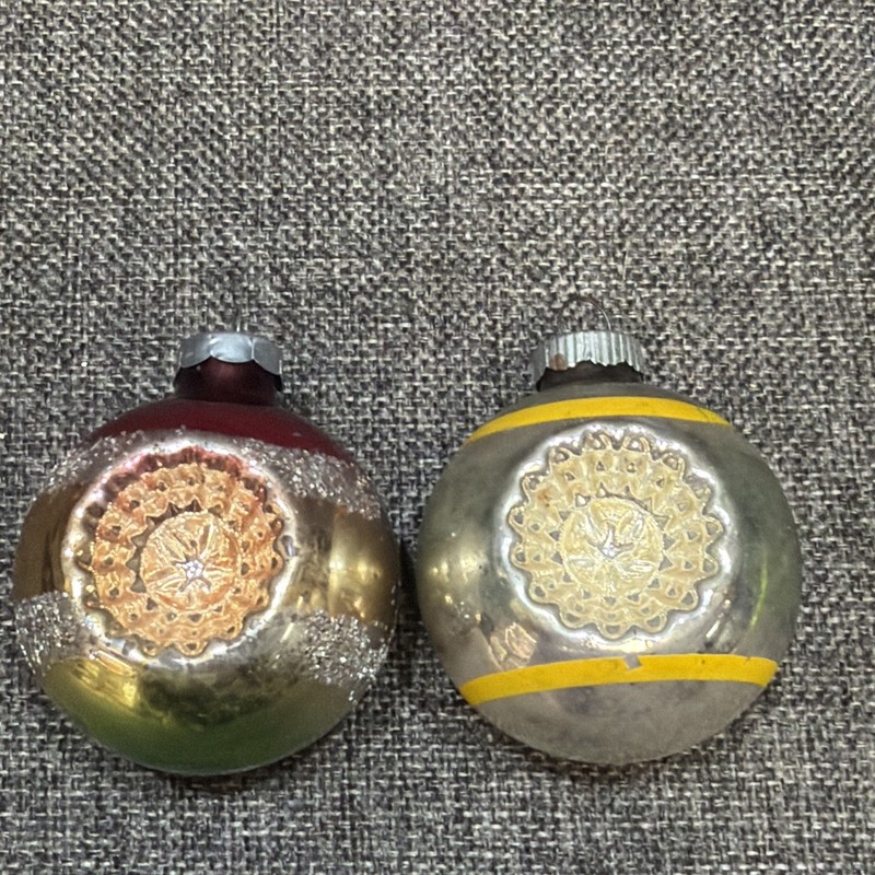Lot Of 2 Vtg Shiny Bright Ball Double Indent Ornaments Red Yellow Blue MADE USA