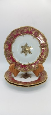 3 Gilded Age Porcelain Dessert Plates; Red/Ornate Gold, Beads; Snowflake; 8.5''