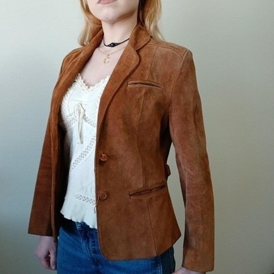 True vintage 70s camel brown 100% suede leather jacket, women's size small