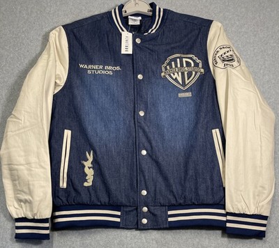 NWT Warner Bros Studio Denim Varsity Bomber Jacket Mens S Embroidered Bugs Bunny