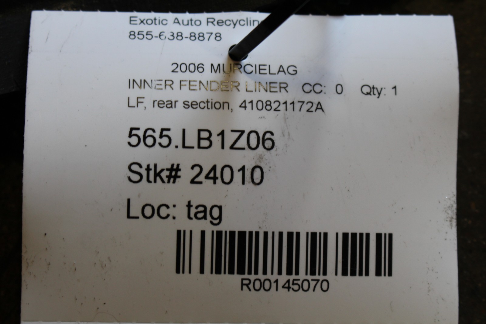 Lamborghini Murcielago, LH Front Fender Liner, Rear Section, Dmg, P/N 410821172A