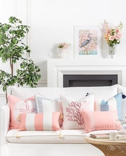  Almohada lumbar para patio costero interior exterior rubor rosa rayas anchas 12"x20" Foto 3 de 4