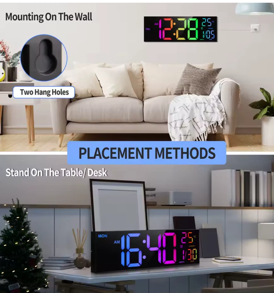 Relógio de parede digital 16" grande tela LED dispaly com controle remoto 8 cores RGB - Imagem 2 de 3