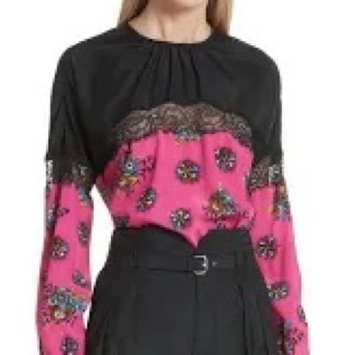 RED Valentino Womens 38 Small Silk Floral Lace Trim Blouse Pink Black Blouse Top