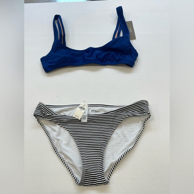 NEW Bikini J.Crew Small Blue Scoop Bra Top + Aerie Striped Black White Medium