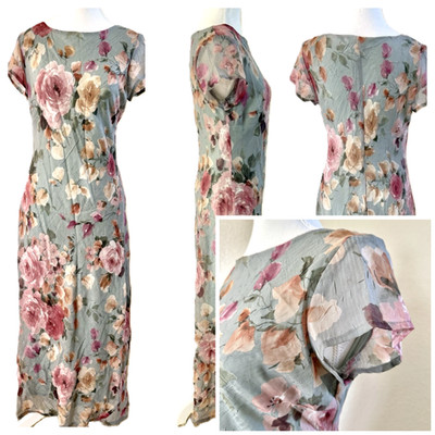 Vtg Y2k All That Jazz Green Floral Crinkle Maxi Dress 5/6 Cap Slv Fairy Dainty