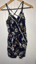 Xhilaration Women Romper Navy With Colorful Flowers And Pockets Size XS