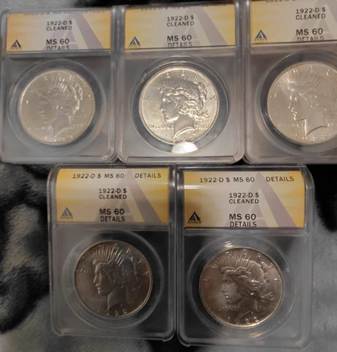 Lot of 5 1922D Silver Peace Dollars...MS60 Details. 3.867 Troy oz of Silver!!!