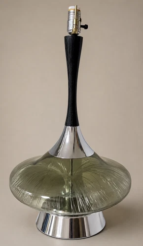RARE Fantasia "GENIE" Smoked Glass & Fiber Optic Chrome & Wood Accent Table Lamp