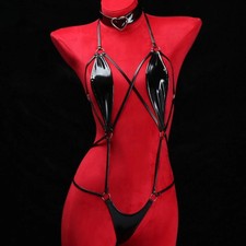 Black Patent Leather Strappy Bodysuit with Heart Choker Sexy Hollow Out Harness