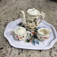 Miniature White Porcelain Tea Pot/lid, Sugar Dish/lid, And Creamer Pitcher
