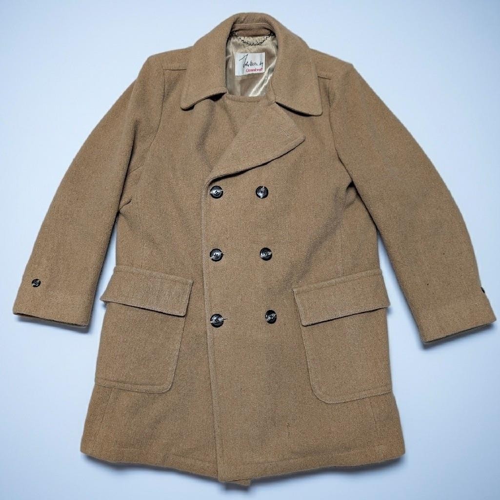 vintage OVERCOAT double breasted WOOL camel tan 44 jacket coat