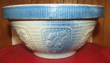 Antiique Blue & White Stoneware Mixing Bowl Flower Design