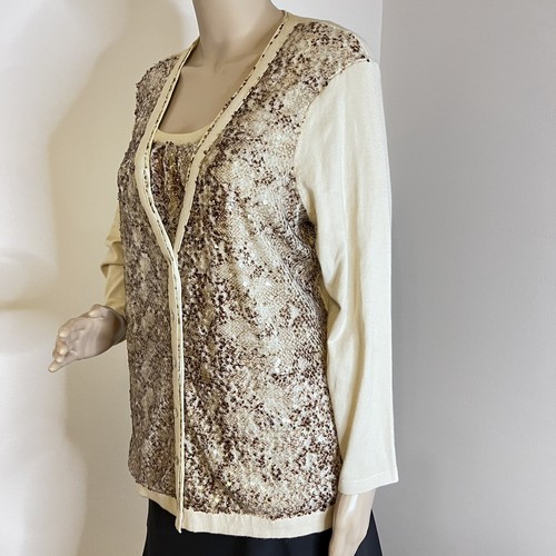 Chico's Gr. 1 M 8 10 beige braun Pailletten Tank + Cardigan Pullover verziert - Bild 4 von 18