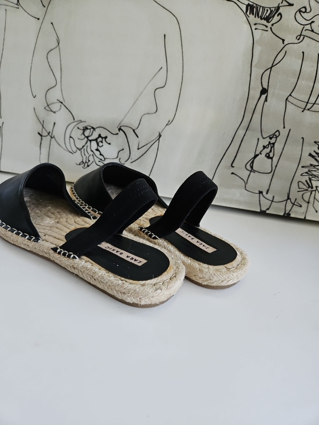 Zara Basic Black Flat Straw Woven Braided Sole El… - image 7