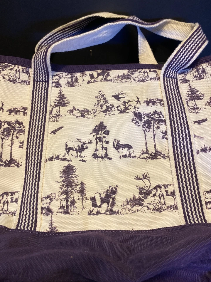 Bolso de hombro 30b Lands End mediano de lona estampado toile lobo alce oso Foto 3 de 4