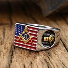 US Flag Masonic AG Signet Ring Stainless Steel Vintage Freemason Biker Punk Ring