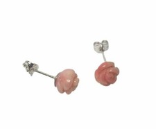 Silver and pink coral roses stud earrings