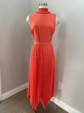 NANETTE LEPORE Womens 8 Orange Belted Accordion Pleated Midi Dress Sleeveless