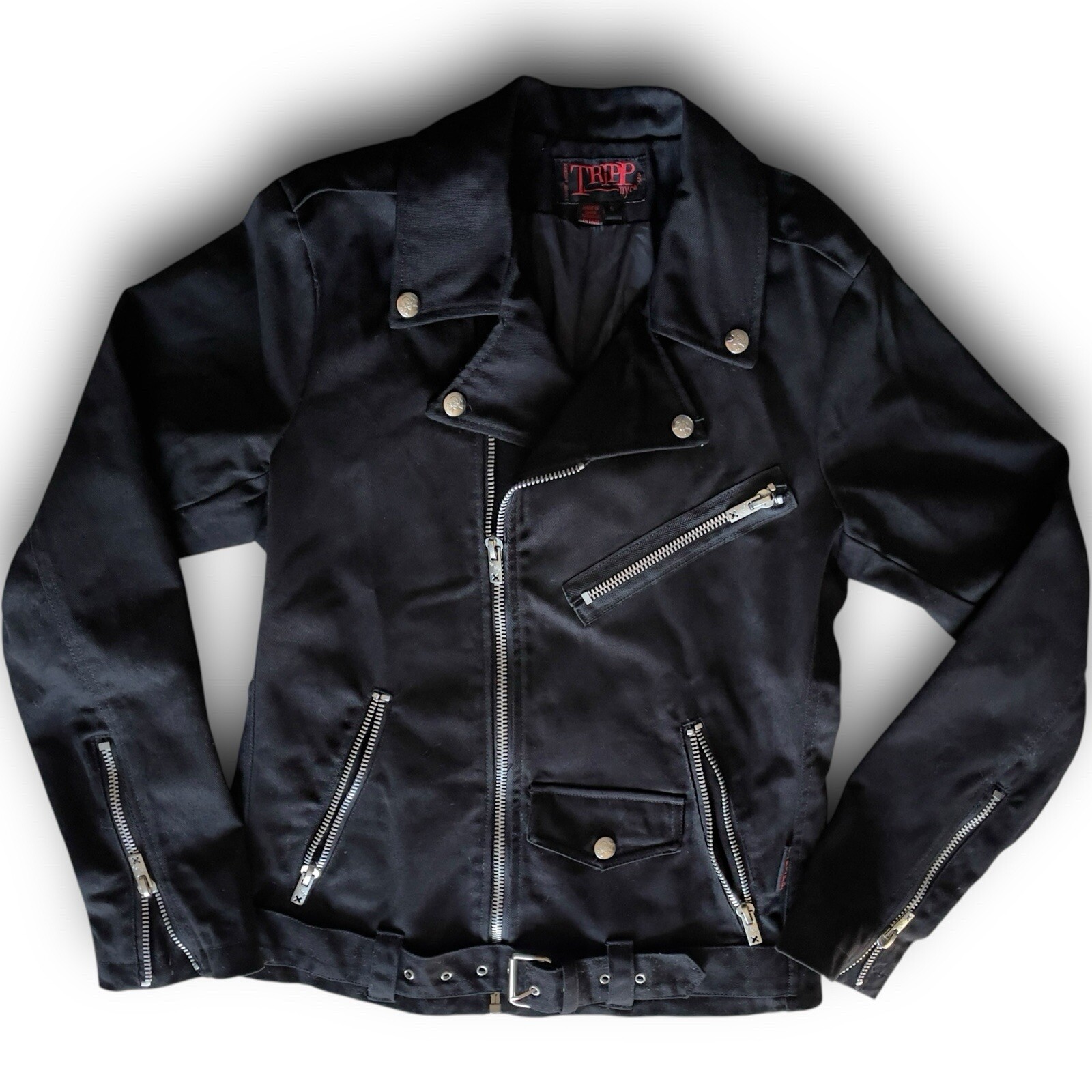 Tripp NYC Black Cotton Biker Moto Jacket Straps Punk Gothic Metal Zip Unisex S