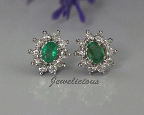 Dashing 14K White Gold Natural Diamonds and Oval Emeralds Flower Stud Earrings - Picture 2 of 4