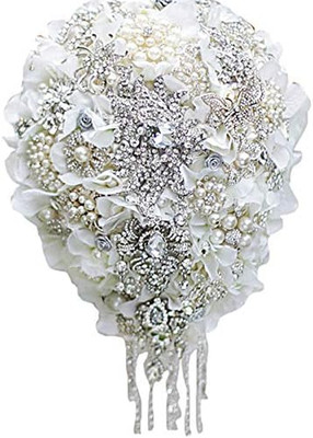 White Hydrangea Drop Brooch Bouquet Silver Wedding Bouquets Crystal Teardrop Bri