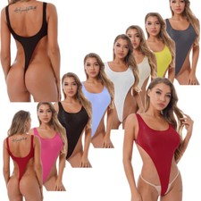 US Women Sleeveless Bodysuit Oil Glossy High Cut Legs Thongs Leotard Swimwear