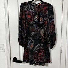 Farm Rio Sparkle Flowers Mini Dress Floral Print Circle Cut-Out Size XS