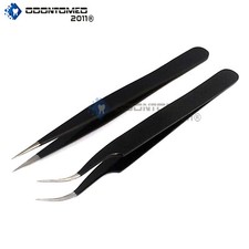 2 Pcs/Set 1 Straight 1 Curved Eyelash Extension Tweezers Stainless Steel Black