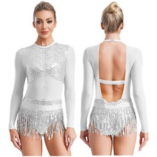 Women Bodysuit Mesh Dancewear Roller Skating Dress Samba Costume Tassel Dancer