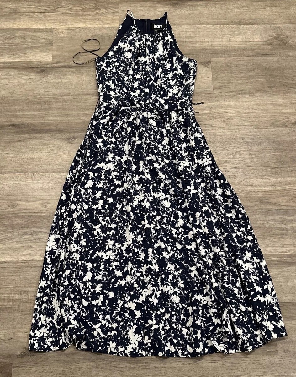 Donna Karan Dress Womens 2 Navy Floral Print Halter Neck Midi Sleeveless  Lined | eBay