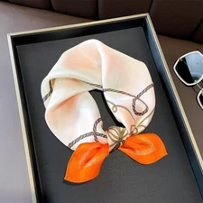 100% Mulberry Silk 21'' Small Scarf Women Vintage Neckerchief Wrap White Orange