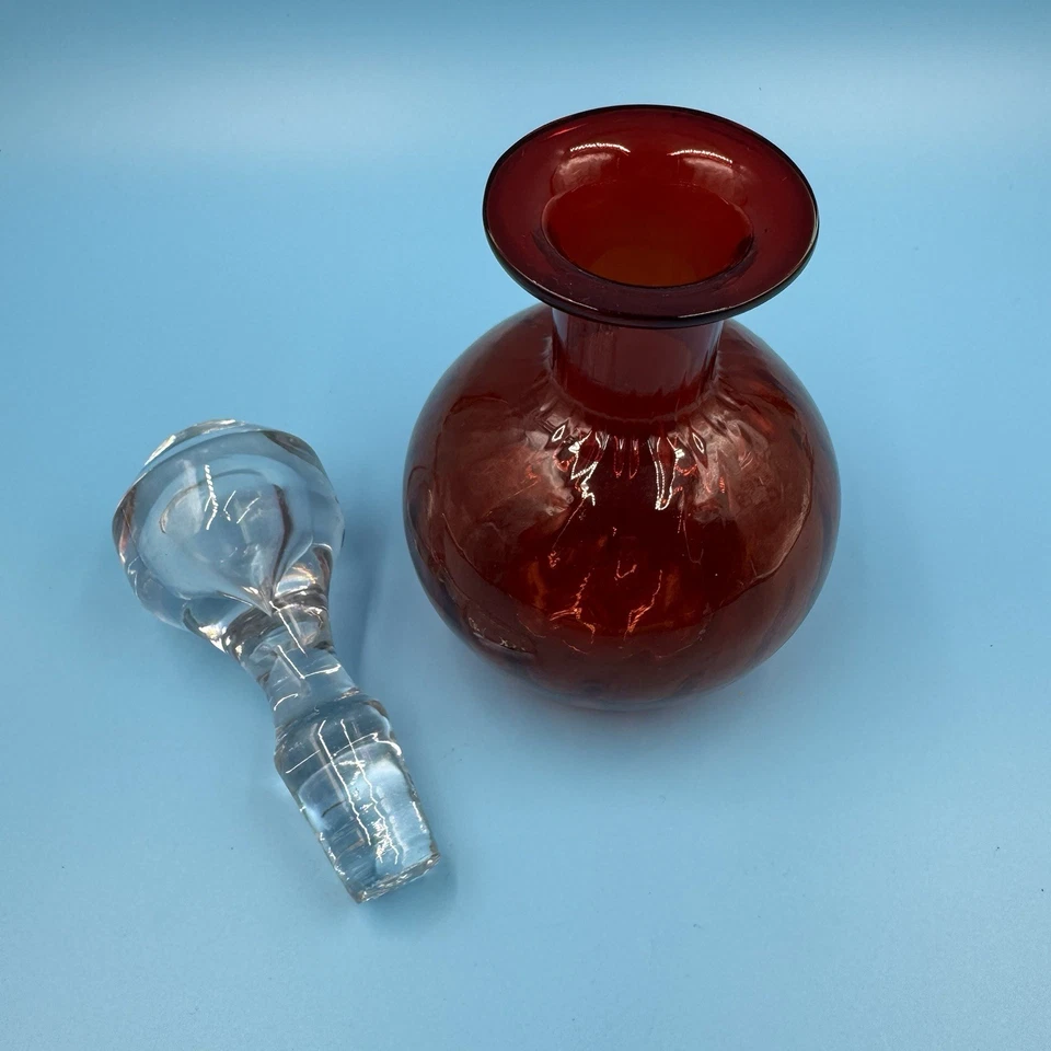 Vintage Ruby Red Hand-Blown Glass Decanter 50s-60s Blenko Style 8” Clear Stopper - Image 3 of 4