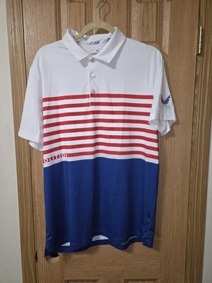 Puma Volition Polo Shirt Men's Large White Red Blue America Golf Fourth Of July
