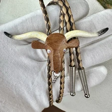 Stunning Vintage Hand Carved Texas Longhorn Rhinestone Eyes Western Bolo Tie