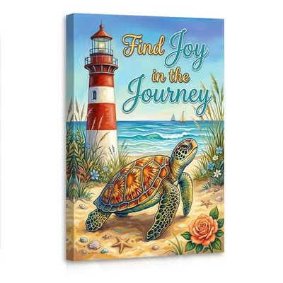 Coastal Sea Turtle Lighthouse Canvas Wall Art Find Joy in the Journey Quote