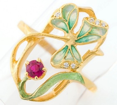 Masriera Ruby Diamond Enamel 18k Yellow Gold Leaf Flower Cocktail Ring Box Gift